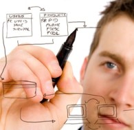 business man designing a database plan on a screen